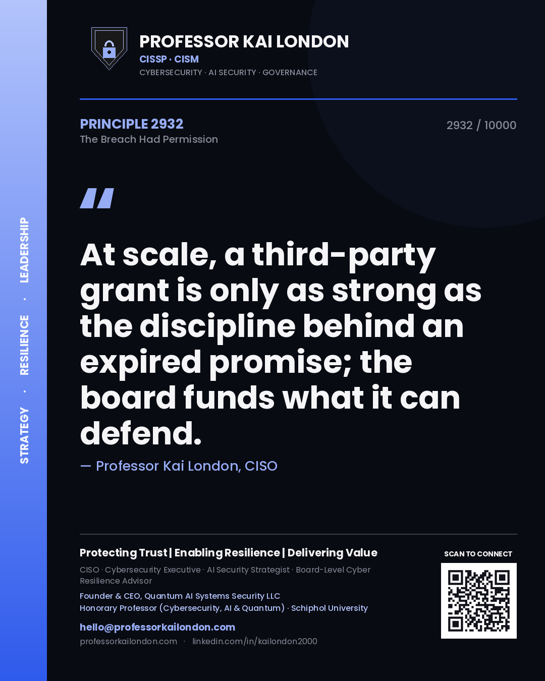 Quote card by Professor Kai London reading 'At scale, a third-party grant is only as strong as the discipline behind an expired promise; the board funds what it can defend.'. From the book The Breach Had Permission.
