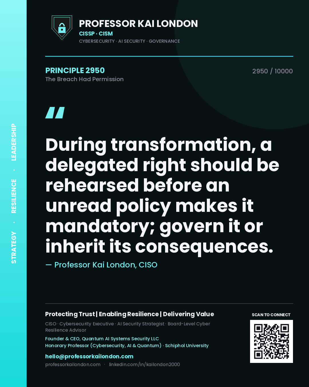 Quote card by Professor Kai London reading 'During transformation, a delegated right should be rehearsed before an unread policy makes it mandatory; govern it or inherit its consequences.'. From the book The Breach Had Permission.