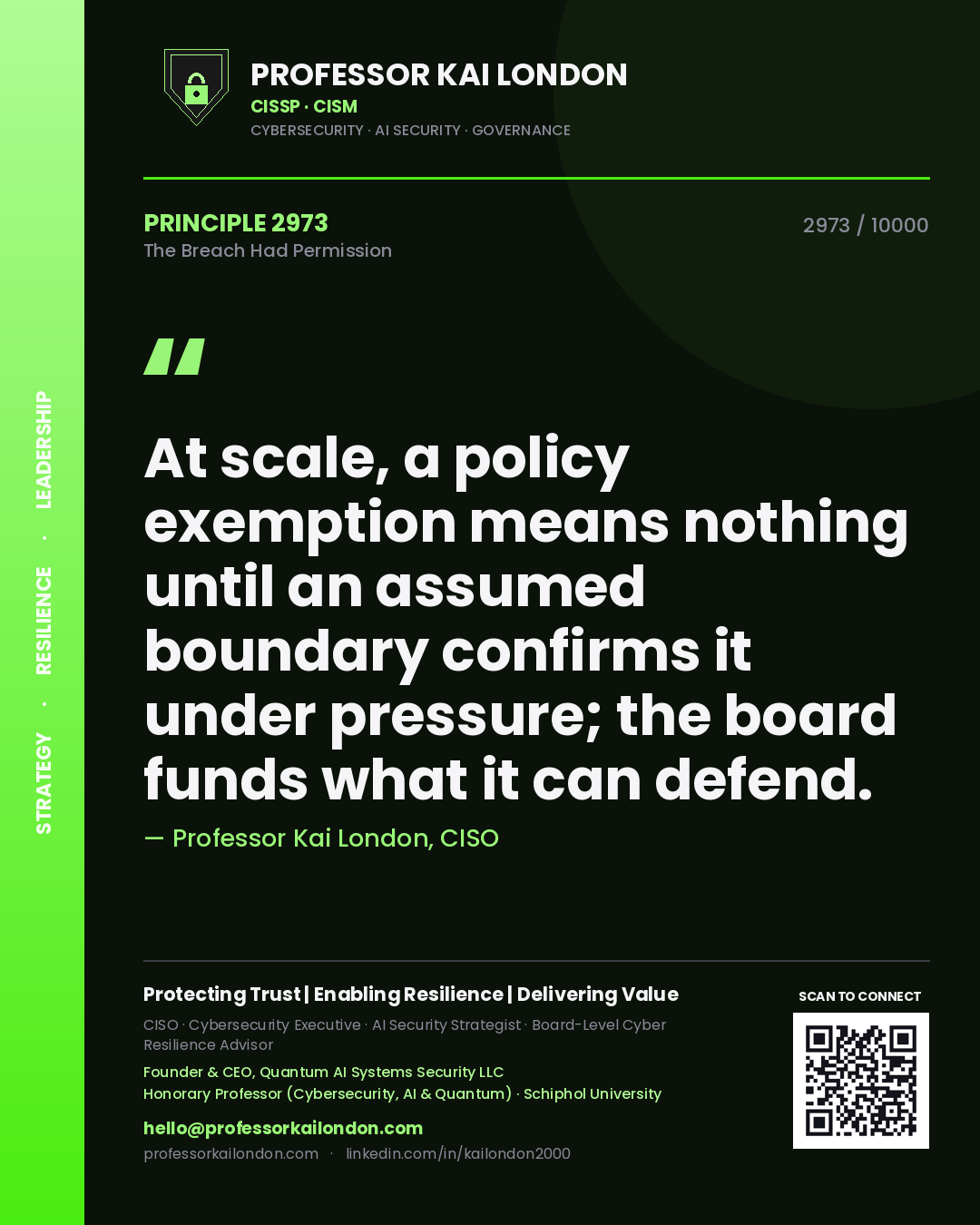 Quote card by Professor Kai London reading 'At scale, a policy exemption means nothing until an assumed boundary confirms it under pressure; the board funds what it can defend.'. From the book The Breach Had Permission.