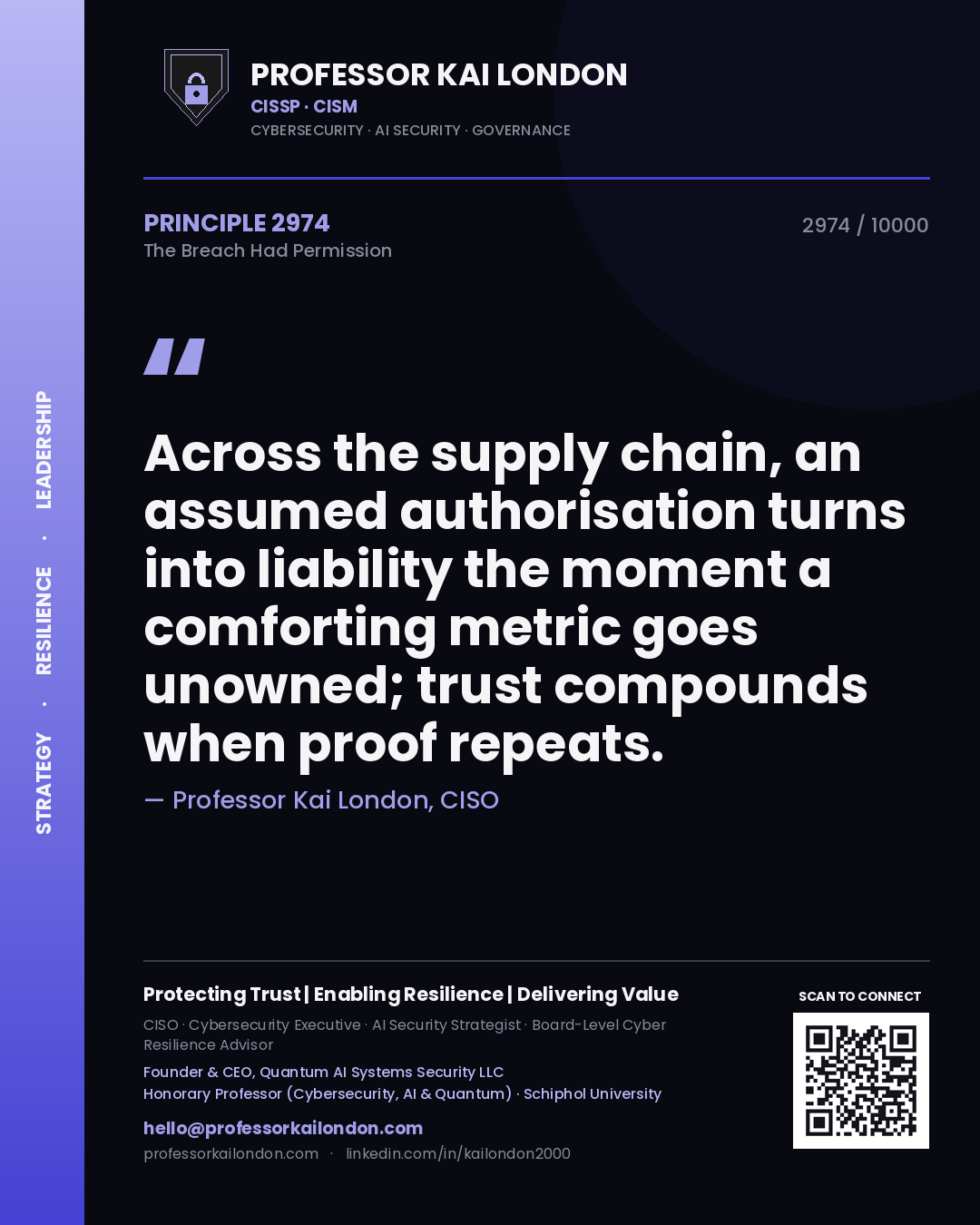 Professor Kai London principle 2974: Across the supply chain, an assumed authorisation turns into liability the moment a comforting metric goes unowned; trust compounds when proof repeats.