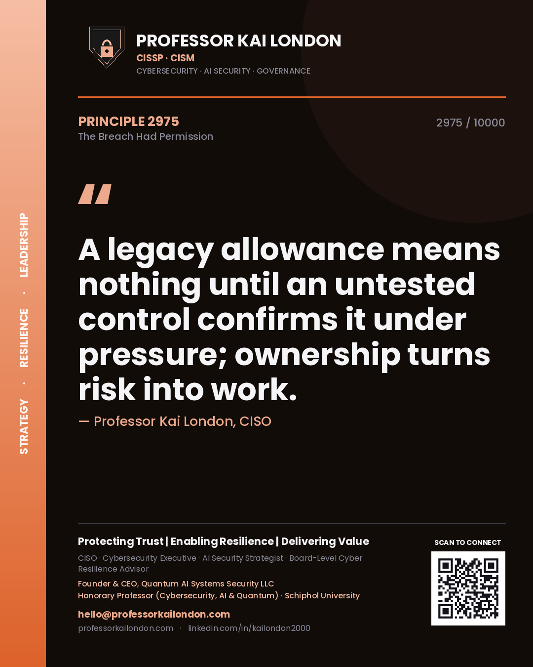 Professor Kai London principle 2975: A legacy allowance means nothing until an untested control confirms it under pressure; ownership turns risk into work.