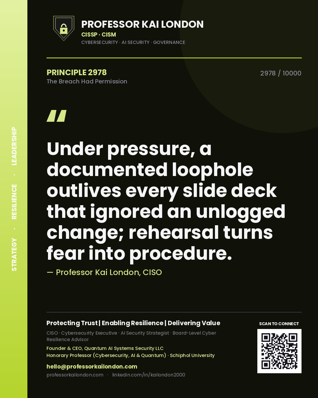 Quote card by Professor Kai London reading 'Under pressure, a documented loophole outlives every slide deck that ignored an unlogged change; rehearsal turns fear into procedure.'. From the book The Breach Had Permission.