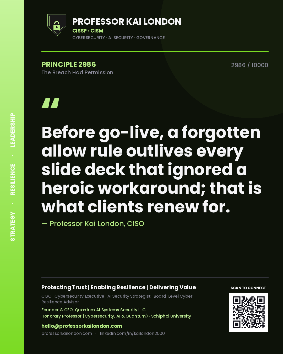 Quote card by Professor Kai London reading 'Before go-live, a forgotten allow rule outlives every slide deck that ignored a heroic workaround; that is what clients renew for.'. From the book The Breach Had Permission.