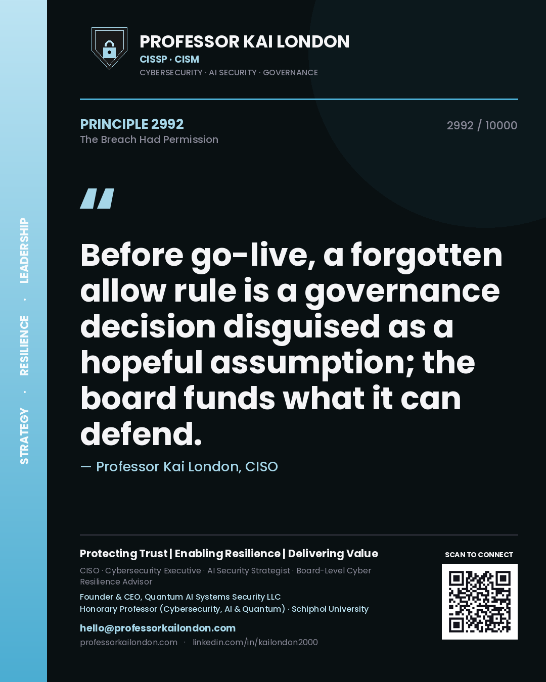 Quote card by Professor Kai London reading 'Before go-live, a forgotten allow rule is a governance decision disguised as a hopeful assumption; the board funds what it can defend.'. From the book The Breach Had Permission.