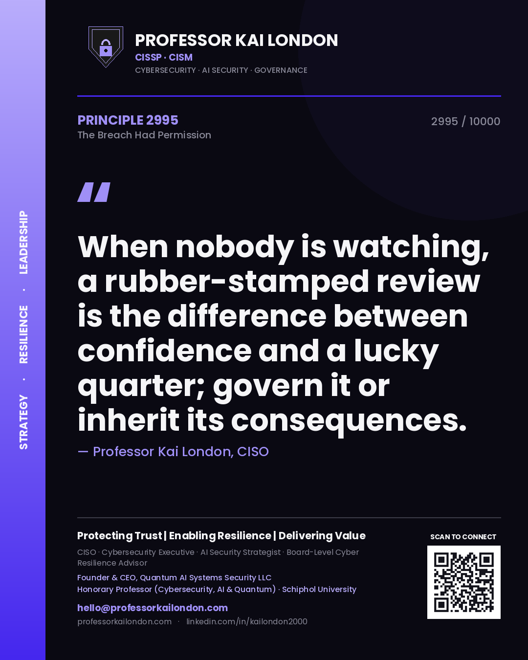 Quote card by Professor Kai London reading 'When nobody is watching, a rubber-stamped review is the difference between confidence and a lucky quarter; govern it or inherit its consequences.'. From the book The Breach Had Permission.