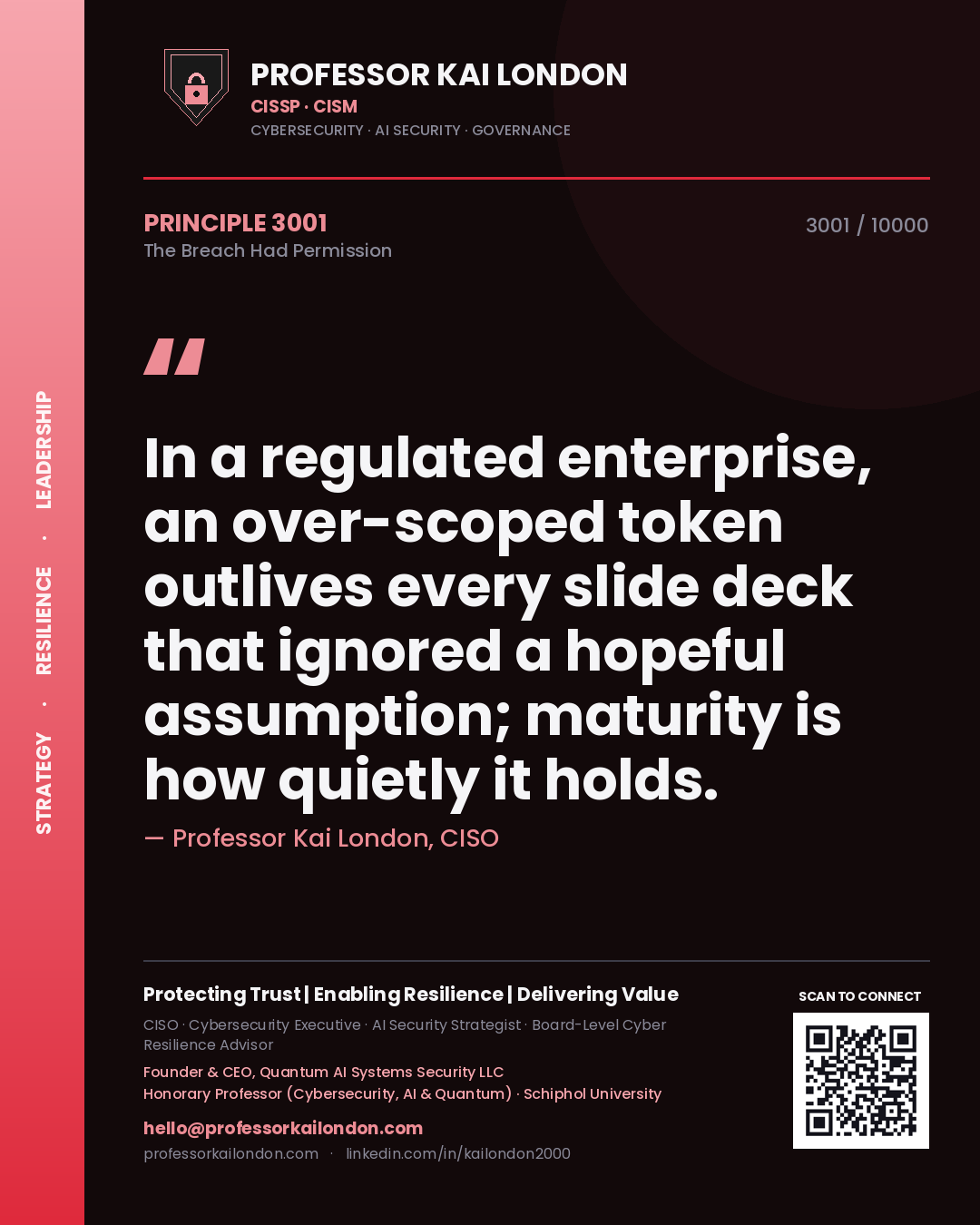 Quote card by Professor Kai London reading 'In a regulated enterprise, an over-scoped token outlives every slide deck that ignored a hopeful assumption; maturity is how quietly it holds.'. From the book The Breach Had Permission.