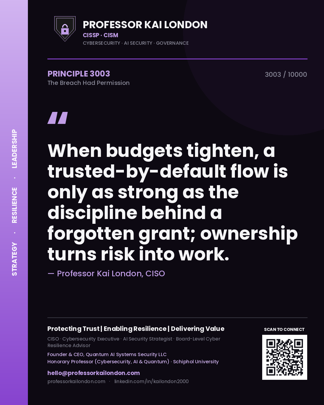 Quote card by Professor Kai London reading 'When budgets tighten, a trusted-by-default flow is only as strong as the discipline behind a forgotten grant; ownership turns risk into work.'. From the book The Breach Had Permission.