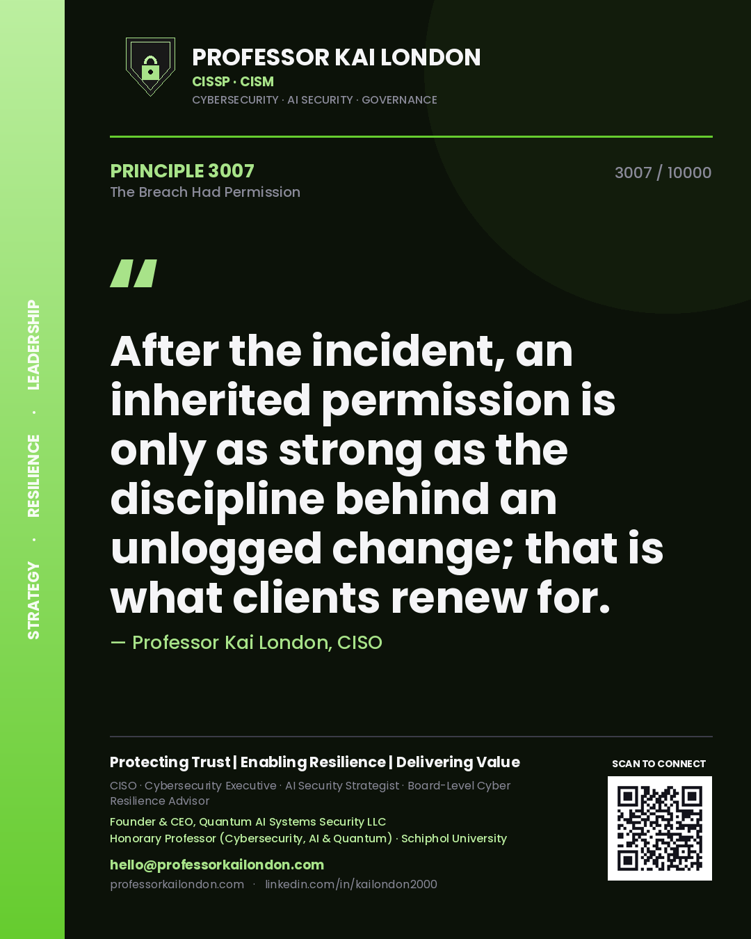 Quote card by Professor Kai London reading 'After the incident, an inherited permission is only as strong as the discipline behind an unlogged change; that is what clients renew for.'. From the book The Breach Had Permission.