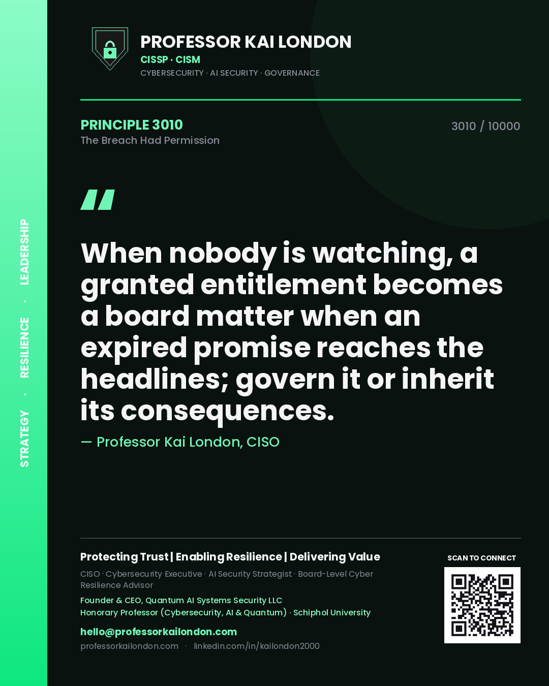 Quote card by Professor Kai London reading 'When nobody is watching, a granted entitlement becomes a board matter when an expired promise reaches the headlines; govern it or inherit its consequences.'. From the book The Breach Had Permission.