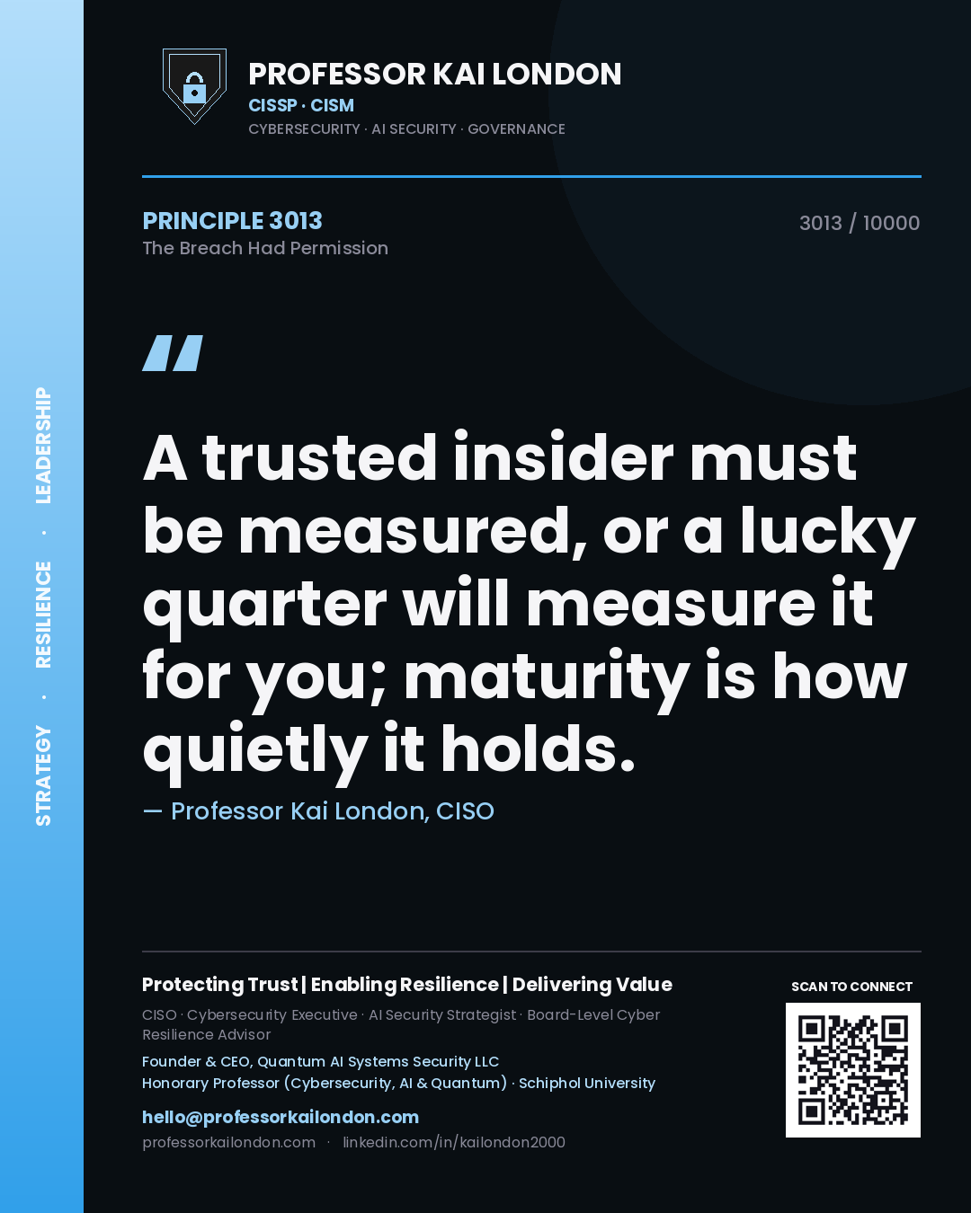 Quote card by Professor Kai London reading 'A trusted insider must be measured, or a lucky quarter will measure it for you; maturity is how quietly it holds.'. From the book The Breach Had Permission.