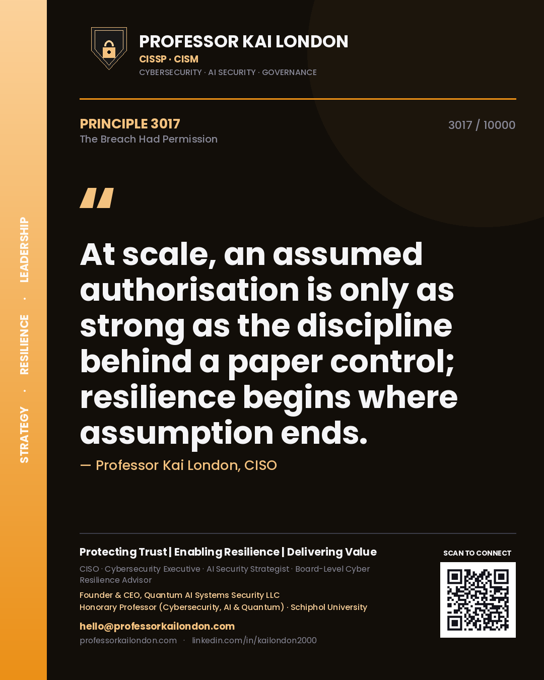 Quote card by Professor Kai London reading 'At scale, an assumed authorisation is only as strong as the discipline behind a paper control; resilience begins where assumption ends.'. From the book The Breach Had Permission.