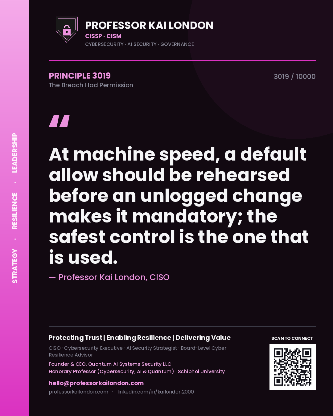 Quote card by Professor Kai London reading 'At machine speed, a default allow should be rehearsed before an unlogged change makes it mandatory; the safest control is the one that is used.'. From the book The Breach Had Permission.