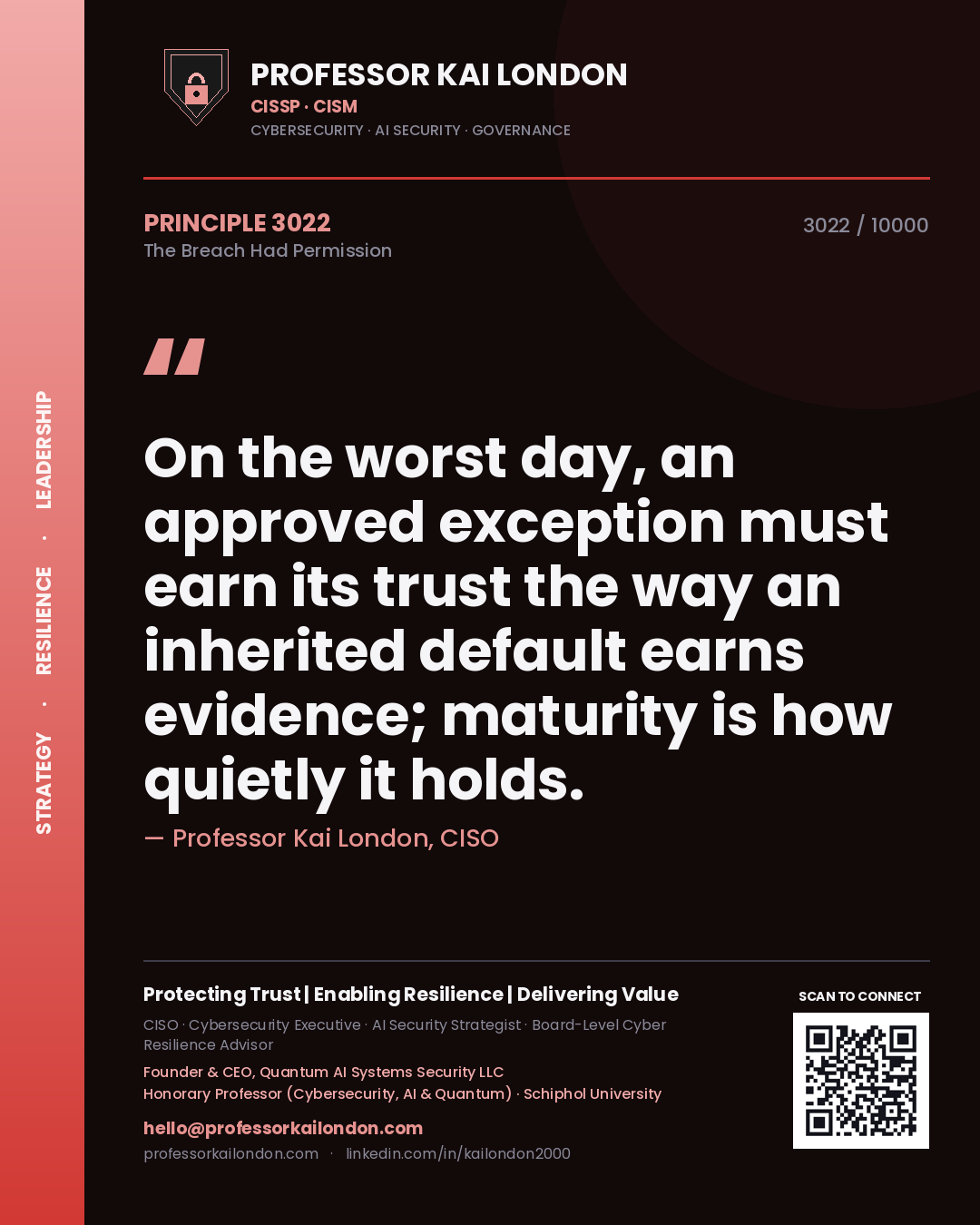 Quote card by Professor Kai London reading 'On the worst day, an approved exception must earn its trust the way an inherited default earns evidence; maturity is how quietly it holds.'. From the book The Breach Had Permission.