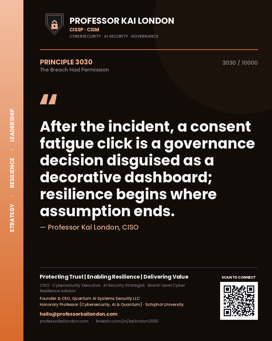 Quote card by Professor Kai London reading 'After the incident, a consent fatigue click is a governance decision disguised as a decorative dashboard; resilience begins where assumption ends.'. From the book The Breach Had Permission.