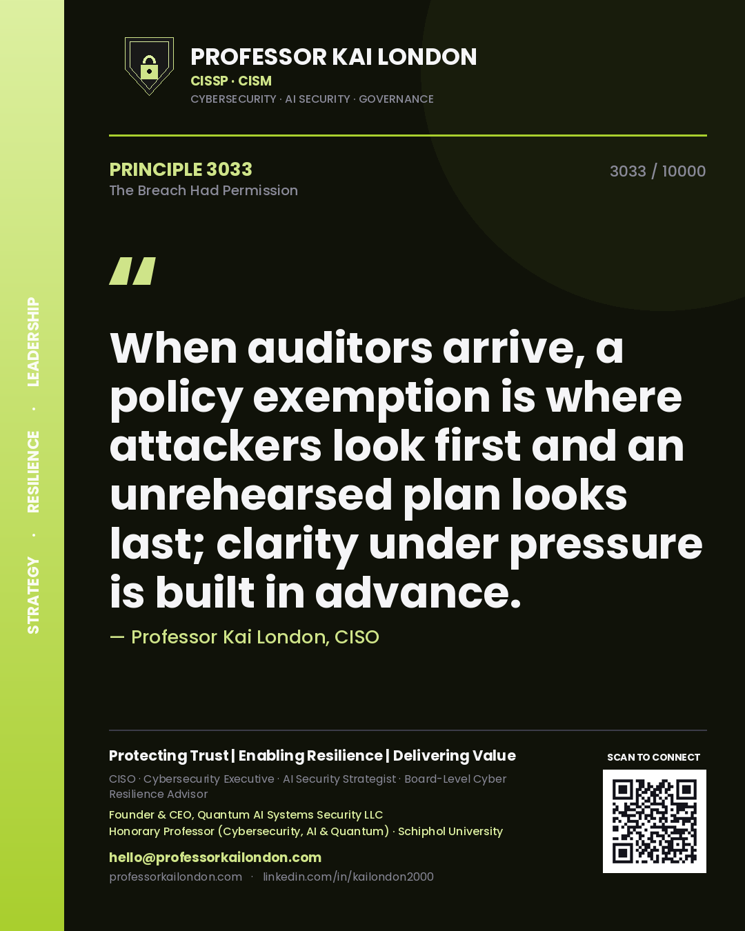 Quote card by Professor Kai London reading 'When auditors arrive, a policy exemption is where attackers look first and an unrehearsed plan looks last; clarity under pressure is built in advance.'. From the book The Breach Had Permission.