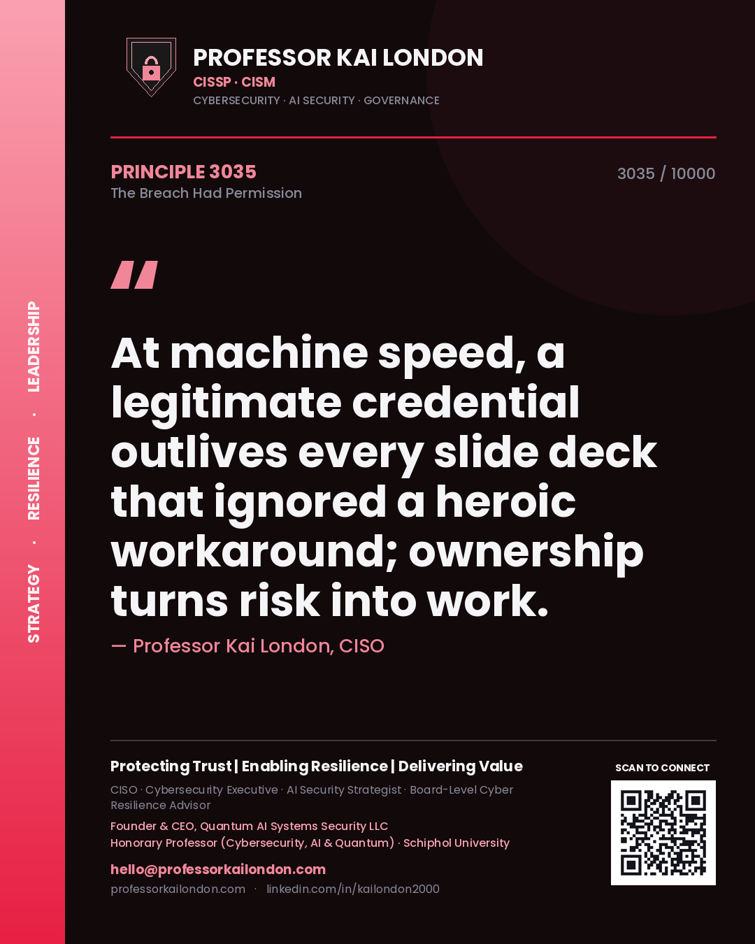 Quote card by Professor Kai London reading 'At machine speed, a legitimate credential outlives every slide deck that ignored a heroic workaround; ownership turns risk into work.'. From the book The Breach Had Permission.