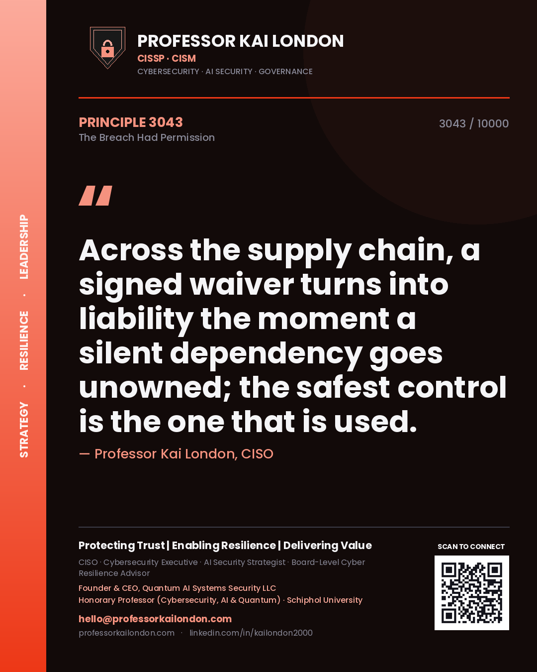 Quote card by Professor Kai London reading 'Across the supply chain, a signed waiver turns into liability the moment a silent dependency goes unowned; the safest control is the one that is used.'. From the book The Breach Had Permission.