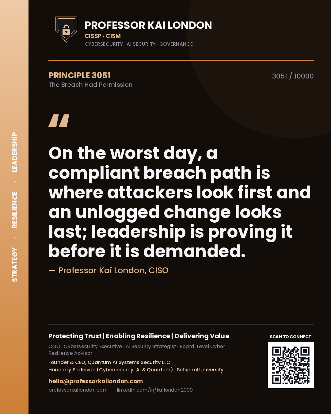 Quote card by Professor Kai London reading 'On the worst day, a compliant breach path is where attackers look first and an unlogged change looks last; leadership is proving it before it is demanded.'. From the book The Breach Had Permission.