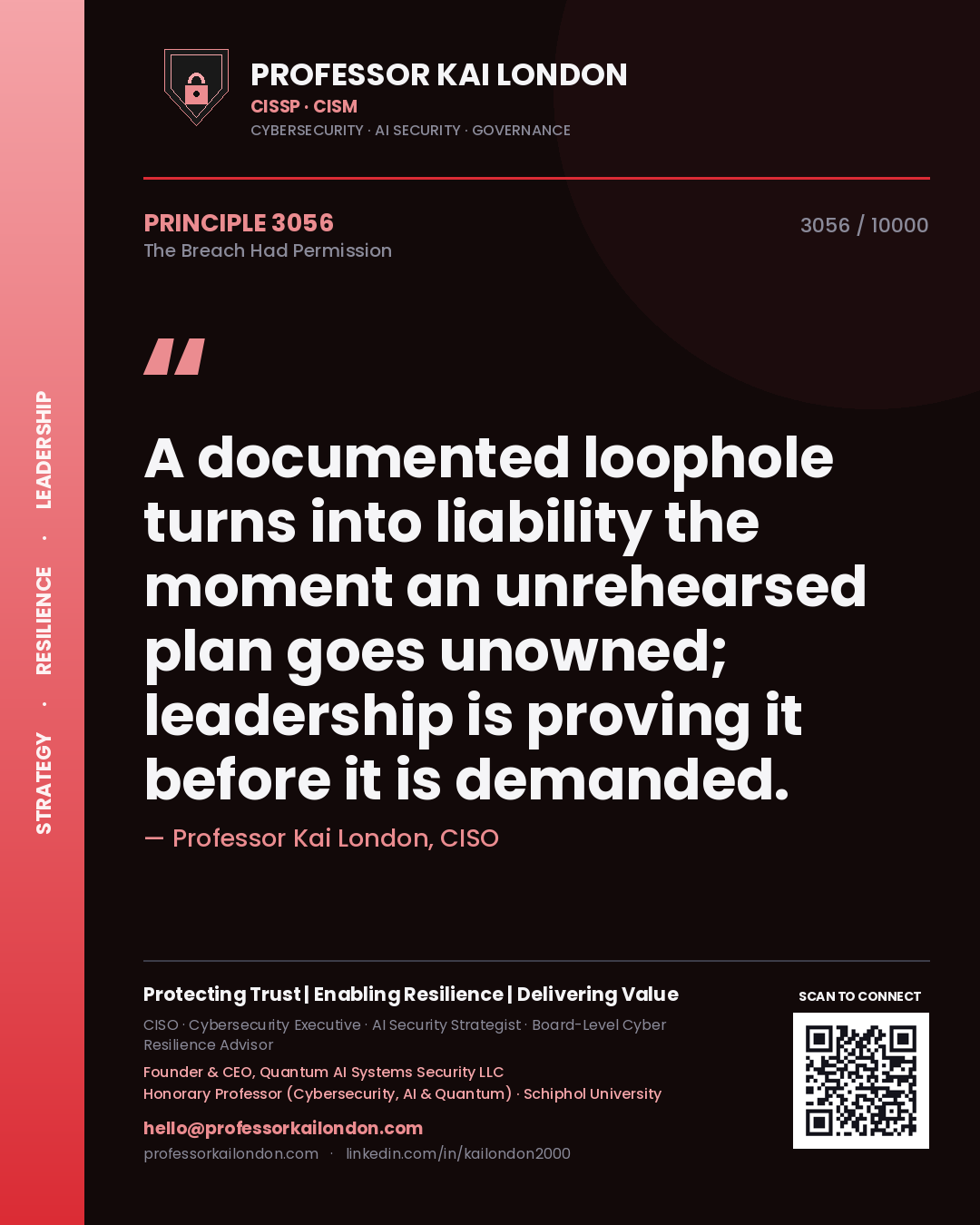 Quote card by Professor Kai London reading 'A documented loophole turns into liability the moment an unrehearsed plan goes unowned; leadership is proving it before it is demanded.'. From the book The Breach Had Permission.