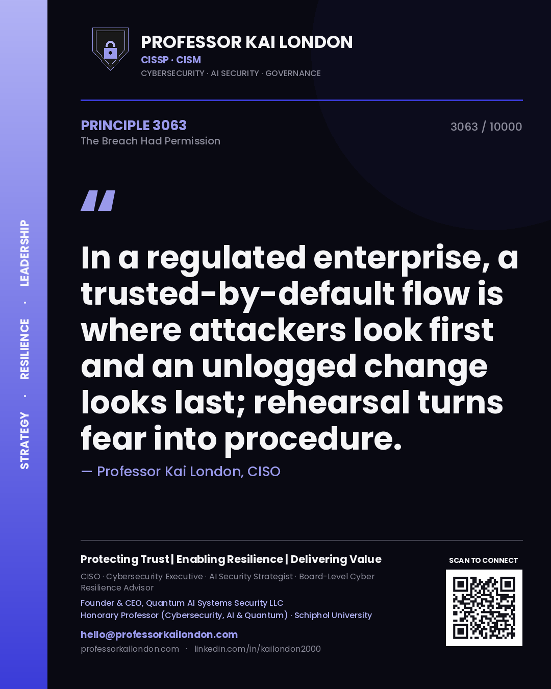 Quote card by Professor Kai London reading 'In a regulated enterprise, a trusted-by-default flow is where attackers look first and an unlogged change looks last; rehearsal turns fear into procedure.'. From the book The Breach Had Permission.