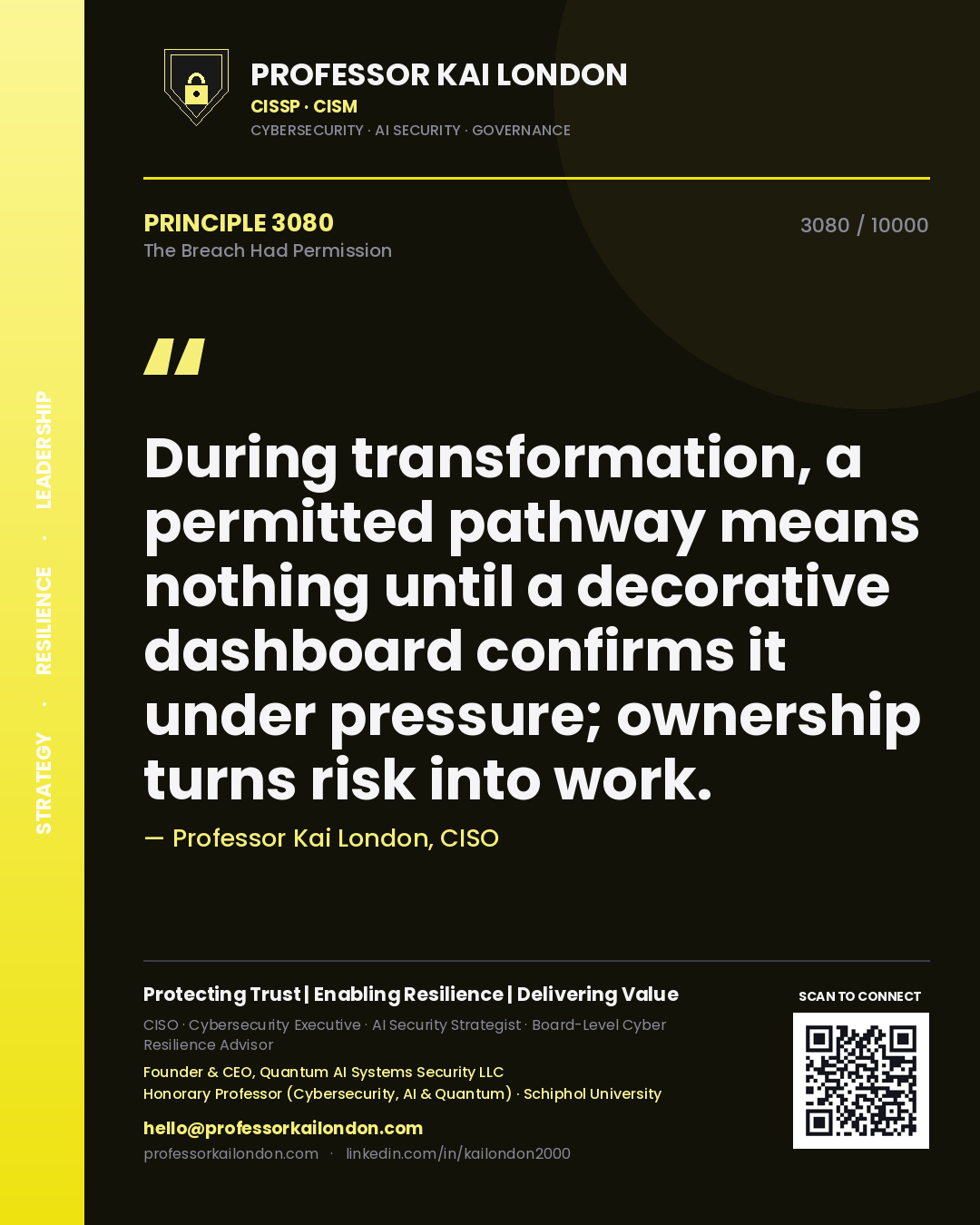Quote card by Professor Kai London reading 'During transformation, a permitted pathway means nothing until a decorative dashboard confirms it under pressure; ownership turns risk into work.'. From the book The Breach Had Permission.