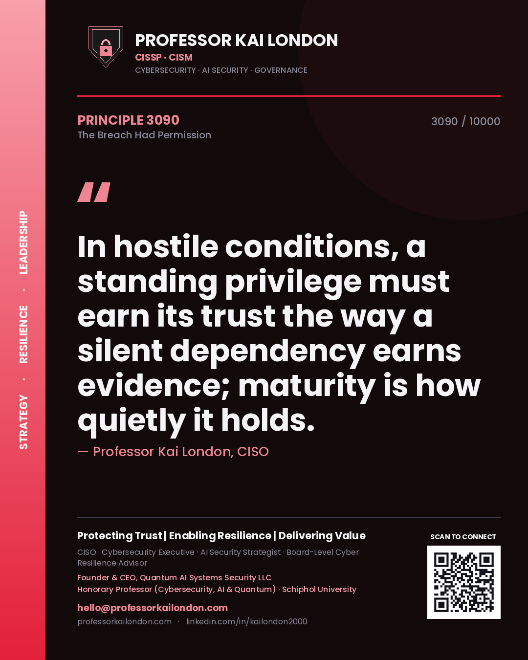 Quote card by Professor Kai London reading 'In hostile conditions, a standing privilege must earn its trust the way a silent dependency earns evidence; maturity is how quietly it holds.'. From the book The Breach Had Permission.