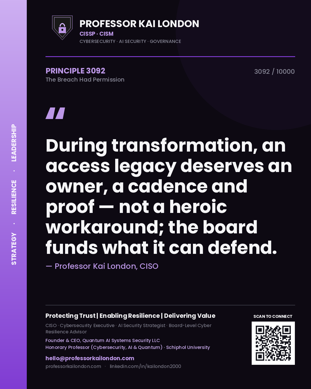 Quote card by Professor Kai London reading 'During transformation, an access legacy deserves an owner, a cadence and proof — not a heroic workaround; the board funds what it can defend.'. From the book The Breach Had Permission.
