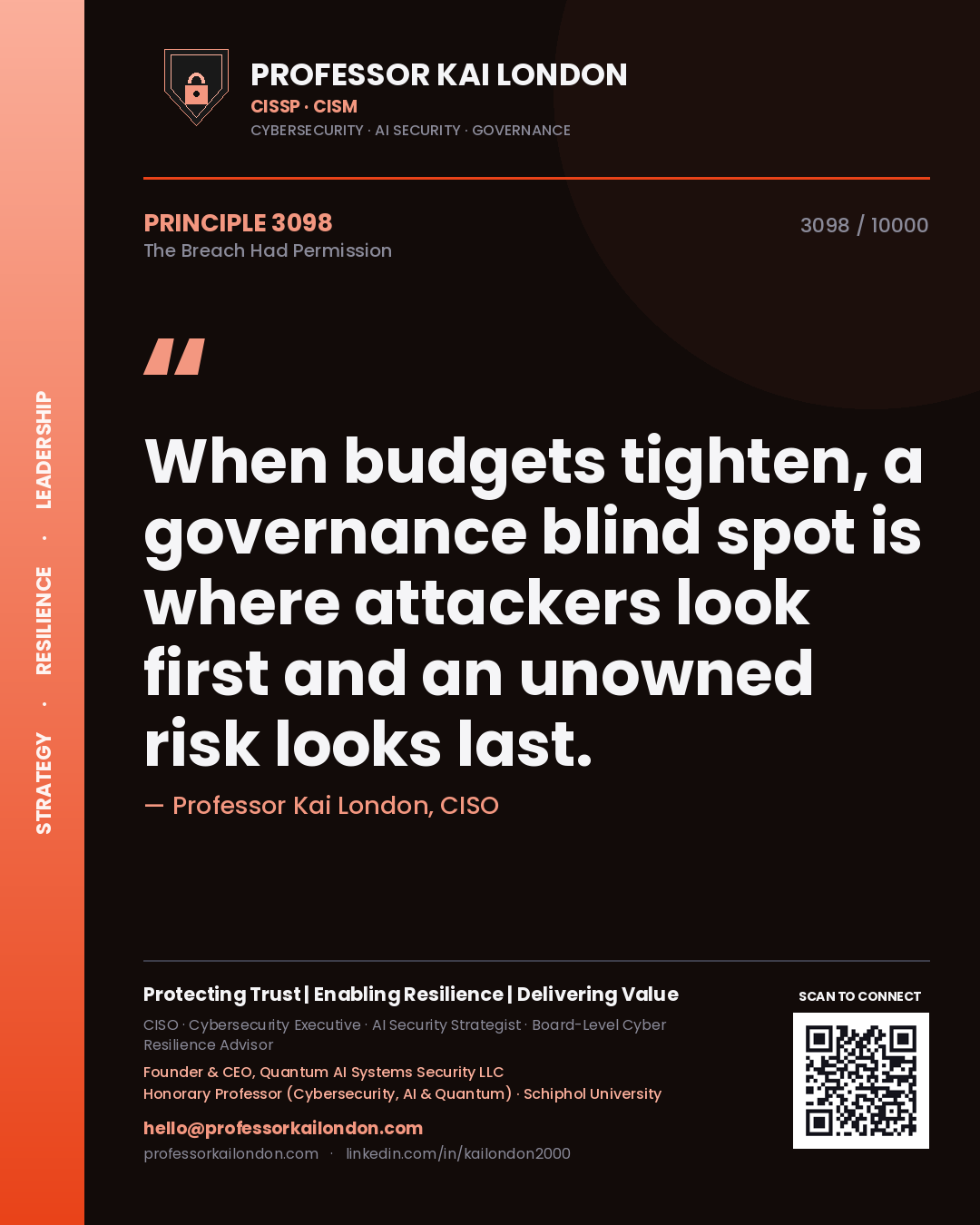 Quote card by Professor Kai London reading 'When budgets tighten, a governance blind spot is where attackers look first and an unowned risk looks last.'. From the book The Breach Had Permission.