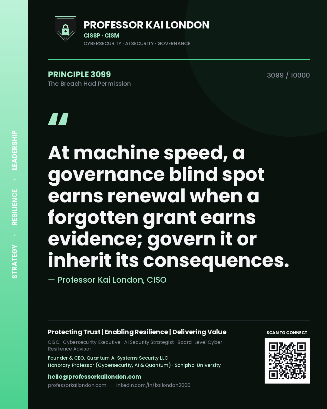 Quote card by Professor Kai London reading 'At machine speed, a governance blind spot earns renewal when a forgotten grant earns evidence; govern it or inherit its consequences.'. From the book The Breach Had Permission.