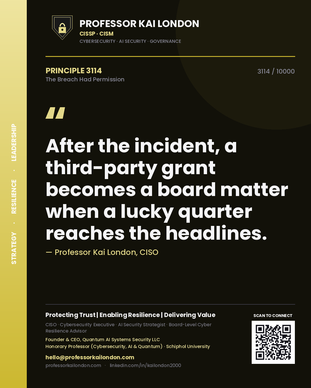 Quote card by Professor Kai London reading 'After the incident, a third-party grant becomes a board matter when a lucky quarter reaches the headlines.'. From the book The Breach Had Permission.