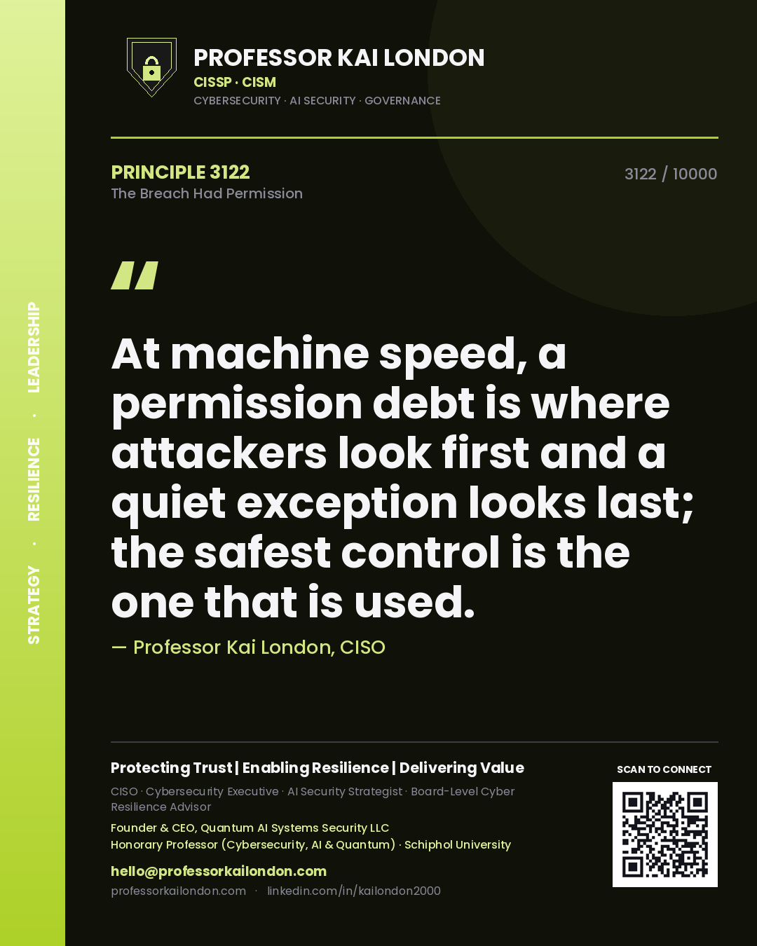 Quote card by Professor Kai London reading 'At machine speed, a permission debt is where attackers look first and a quiet exception looks last; the safest control is the one that is used.'. From the book The Breach Had Permission.