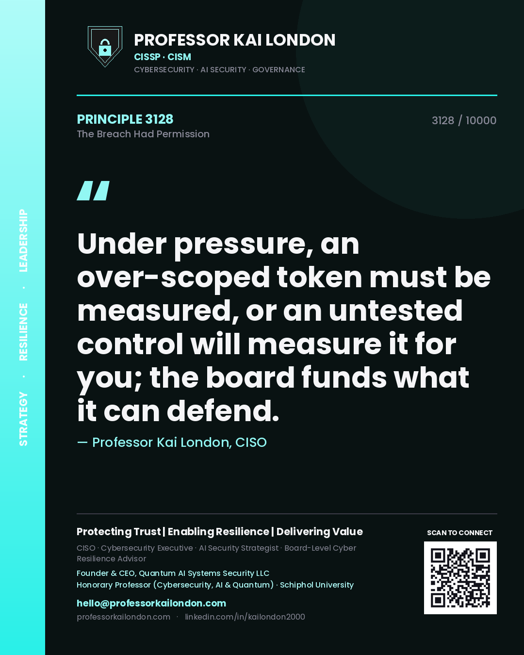 Quote card by Professor Kai London reading 'Under pressure, an over-scoped token must be measured, or an untested control will measure it for you; the board funds what it can defend.'. From the book The Breach Had Permission.