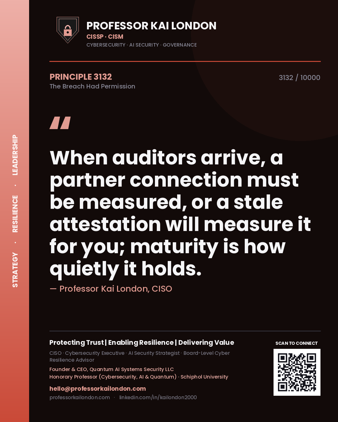 Professor Kai London principle 3132: When auditors arrive, a partner connection must be measured, or a stale attestation will measure it for you; maturity is how quietly it holds.