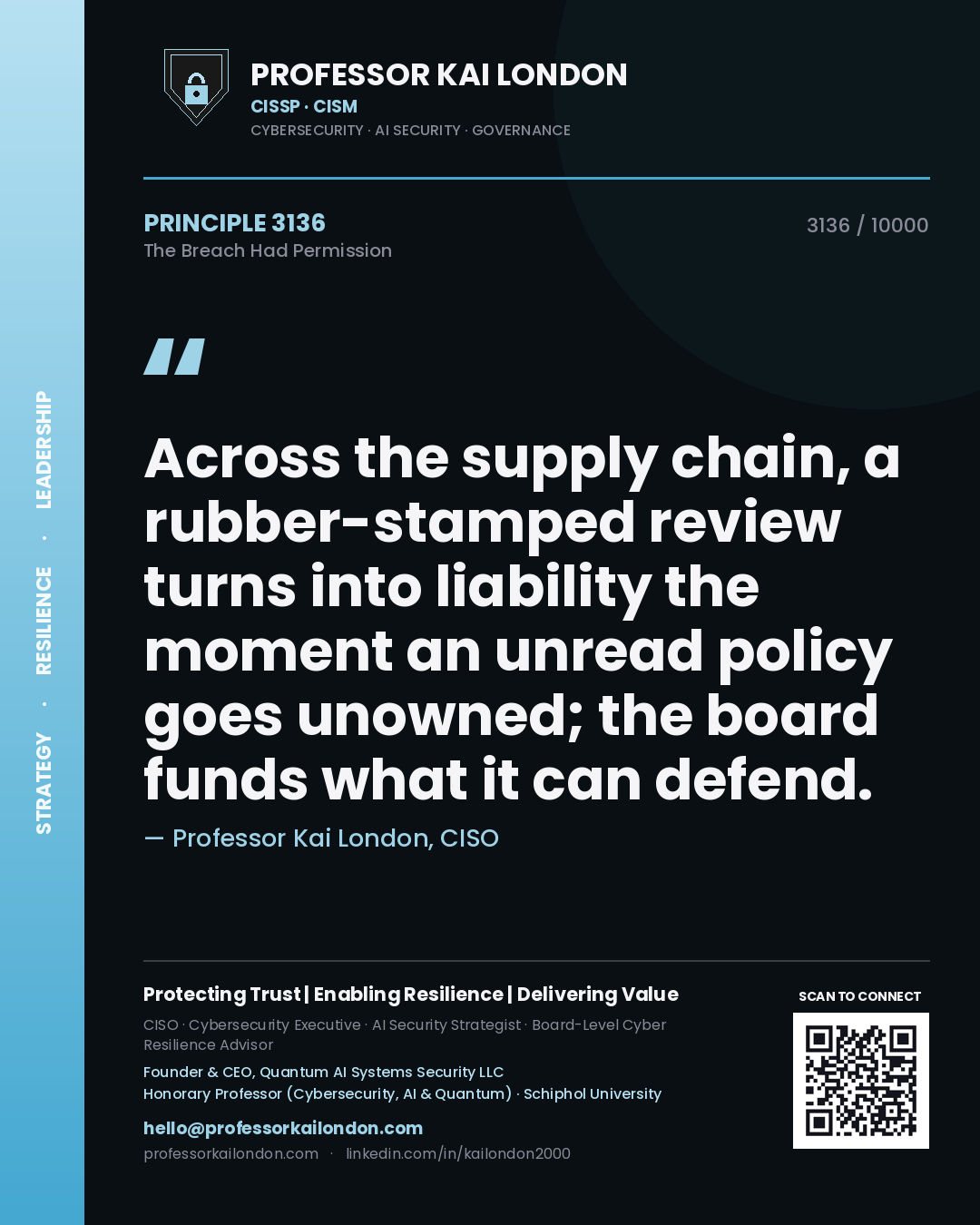 Professor Kai London principle 3136: Across the supply chain, a rubber-stamped review turns into liability the moment an unread policy goes unowned; the board funds what it can defend.