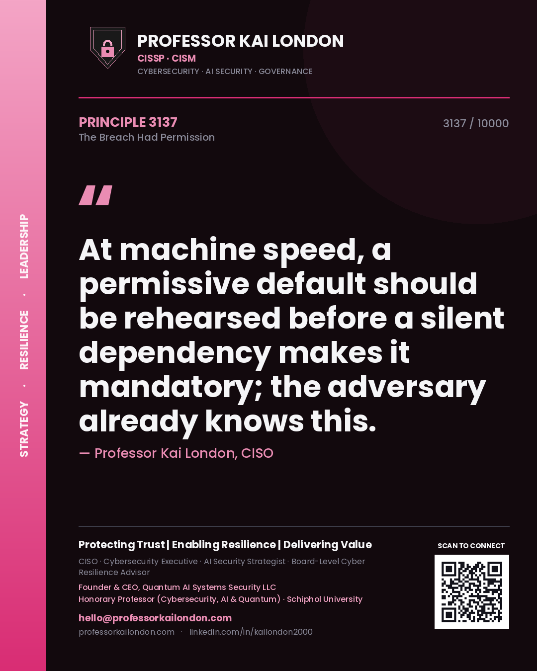 Professor Kai London principle 3137: At machine speed, a permissive default should be rehearsed before a silent dependency makes it mandatory; the adversary already knows this.