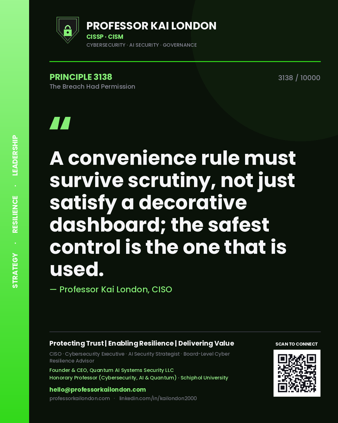 Professor Kai London principle 3138: A convenience rule must survive scrutiny, not just satisfy a decorative dashboard; the safest control is the one that is used.