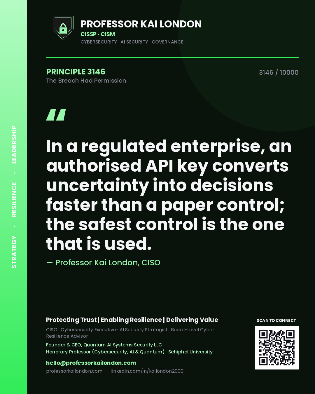 Professor Kai London principle 3146: In a regulated enterprise, an authorised API key converts uncertainty into decisions faster than a paper control; the safest control is the one that is used.
