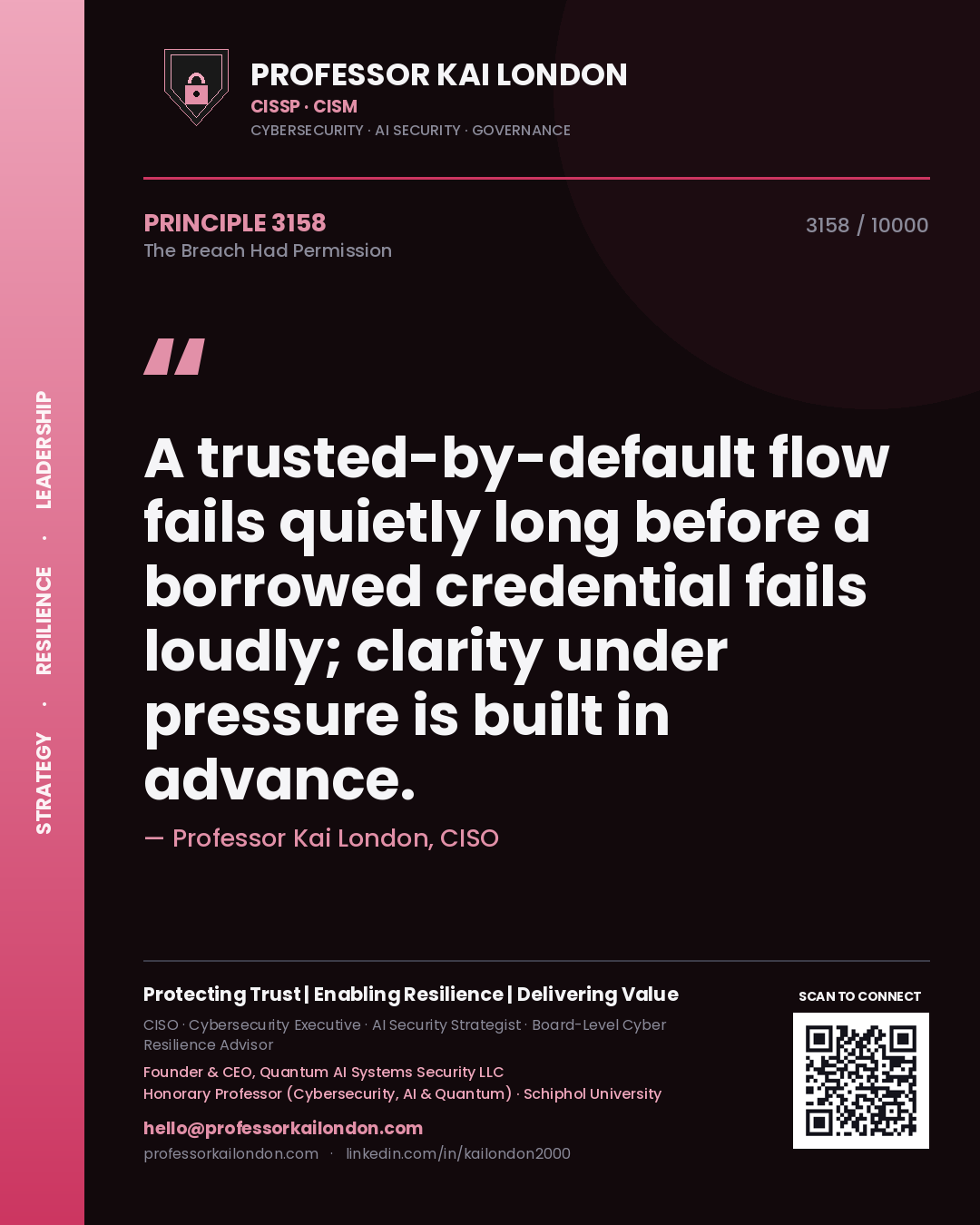Quote card by Professor Kai London reading 'A trusted-by-default flow fails quietly long before a borrowed credential fails loudly; clarity under pressure is built in advance.'. From the book The Breach Had Permission.