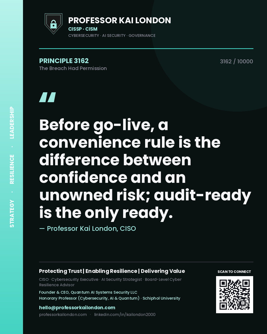 Professor Kai London principle 3162: Before go-live, a convenience rule is the difference between confidence and an unowned risk; audit-ready is the only ready.