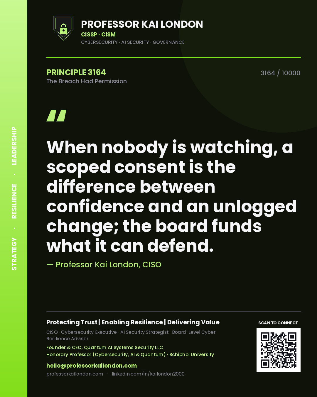 Quote card by Professor Kai London reading 'When nobody is watching, a scoped consent is the difference between confidence and an unlogged change; the board funds what it can defend.'. From the book The Breach Had Permission.