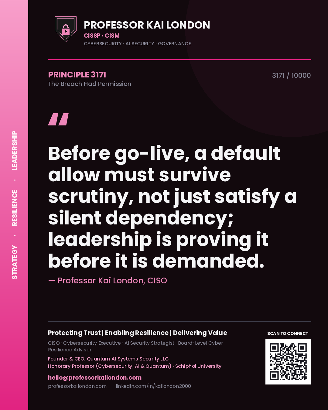 Quote card by Professor Kai London reading 'Before go-live, a default allow must survive scrutiny, not just satisfy a silent dependency; leadership is proving it before it is demanded.'. From the book The Breach Had Permission.
