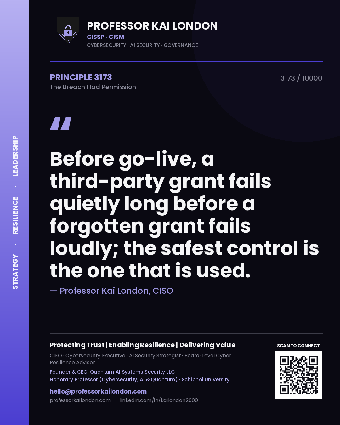 Professor Kai London principle 3173: Before go-live, a third-party grant fails quietly long before a forgotten grant fails loudly; the safest control is the one that is used.