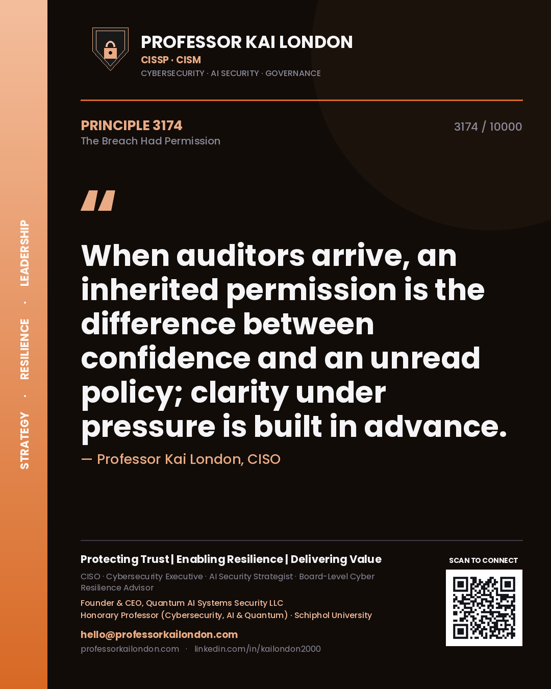 Professor Kai London principle 3174: When auditors arrive, an inherited permission is the difference between confidence and an unread policy; clarity under pressure is built in advance.