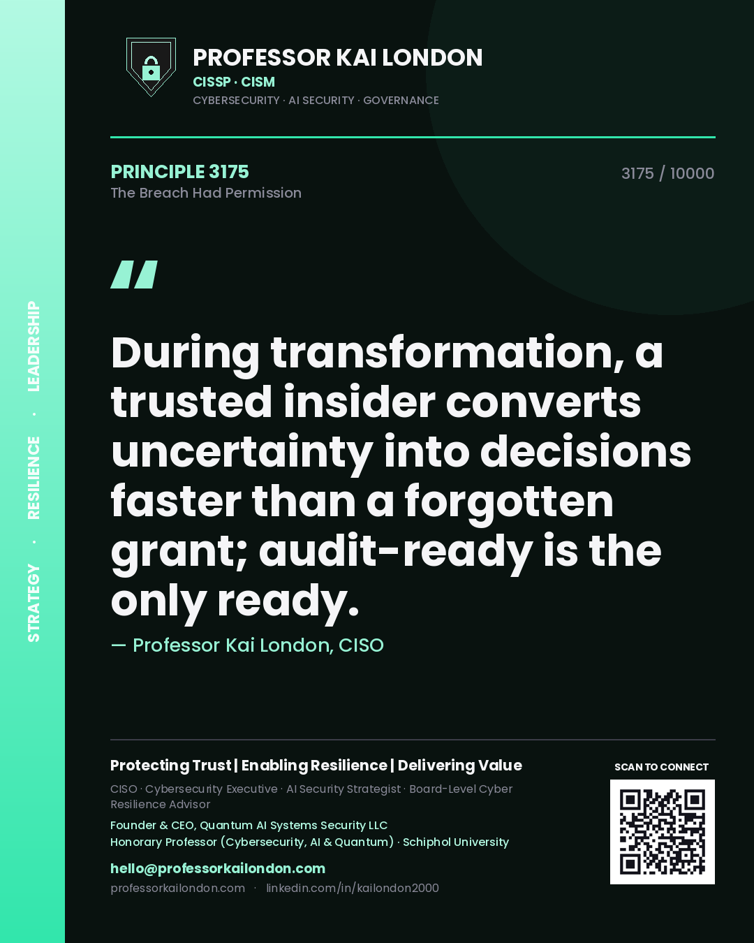 Quote card by Professor Kai London reading 'During transformation, a trusted insider converts uncertainty into decisions faster than a forgotten grant; audit-ready is the only ready.'. From the book The Breach Had Permission.