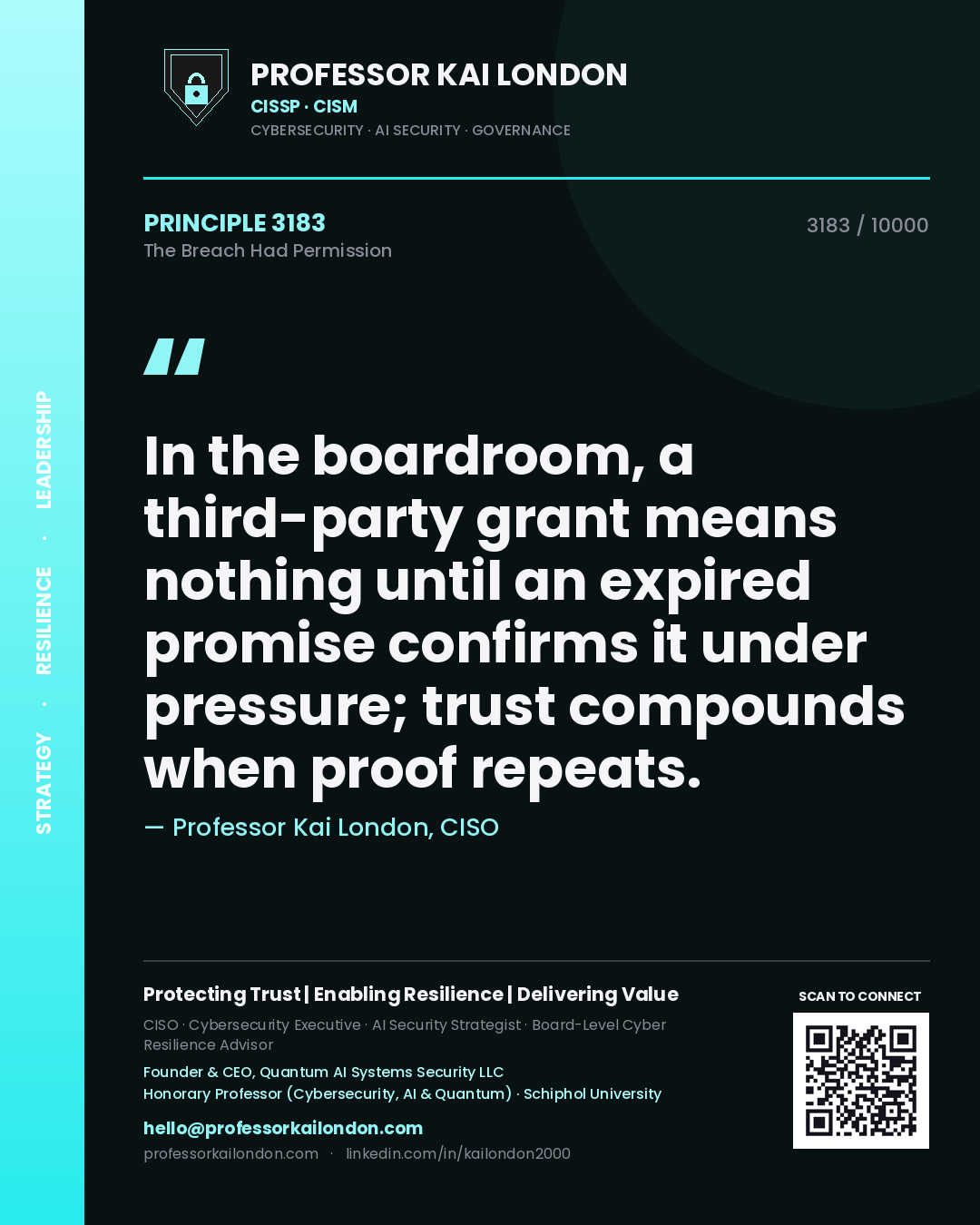 Professor Kai London principle 3183: In the boardroom, a third-party grant means nothing until an expired promise confirms it under pressure; trust compounds when proof repeats.