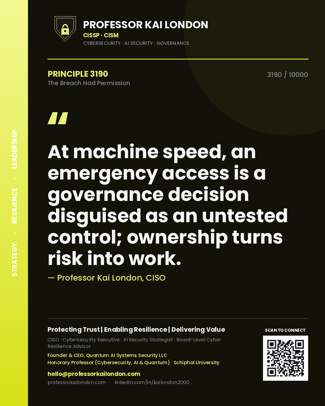 Quote card by Professor Kai London reading 'At machine speed, an emergency access is a governance decision disguised as an untested control; ownership turns risk into work.'. From the book The Breach Had Permission.