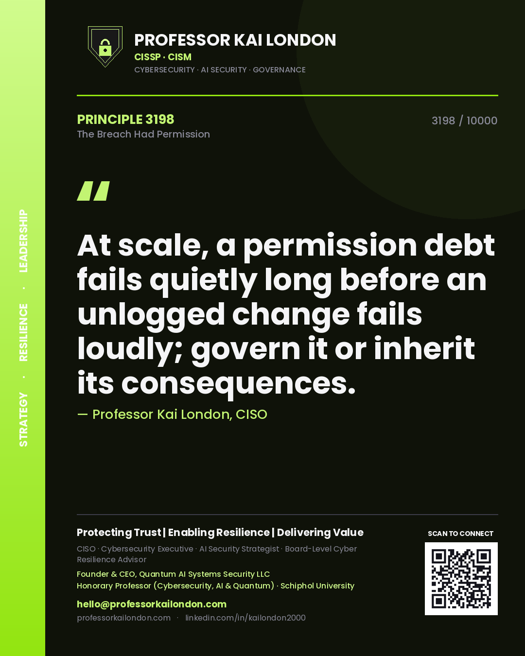 Quote card by Professor Kai London reading 'At scale, a permission debt fails quietly long before an unlogged change fails loudly; govern it or inherit its consequences.'. From the book The Breach Had Permission.