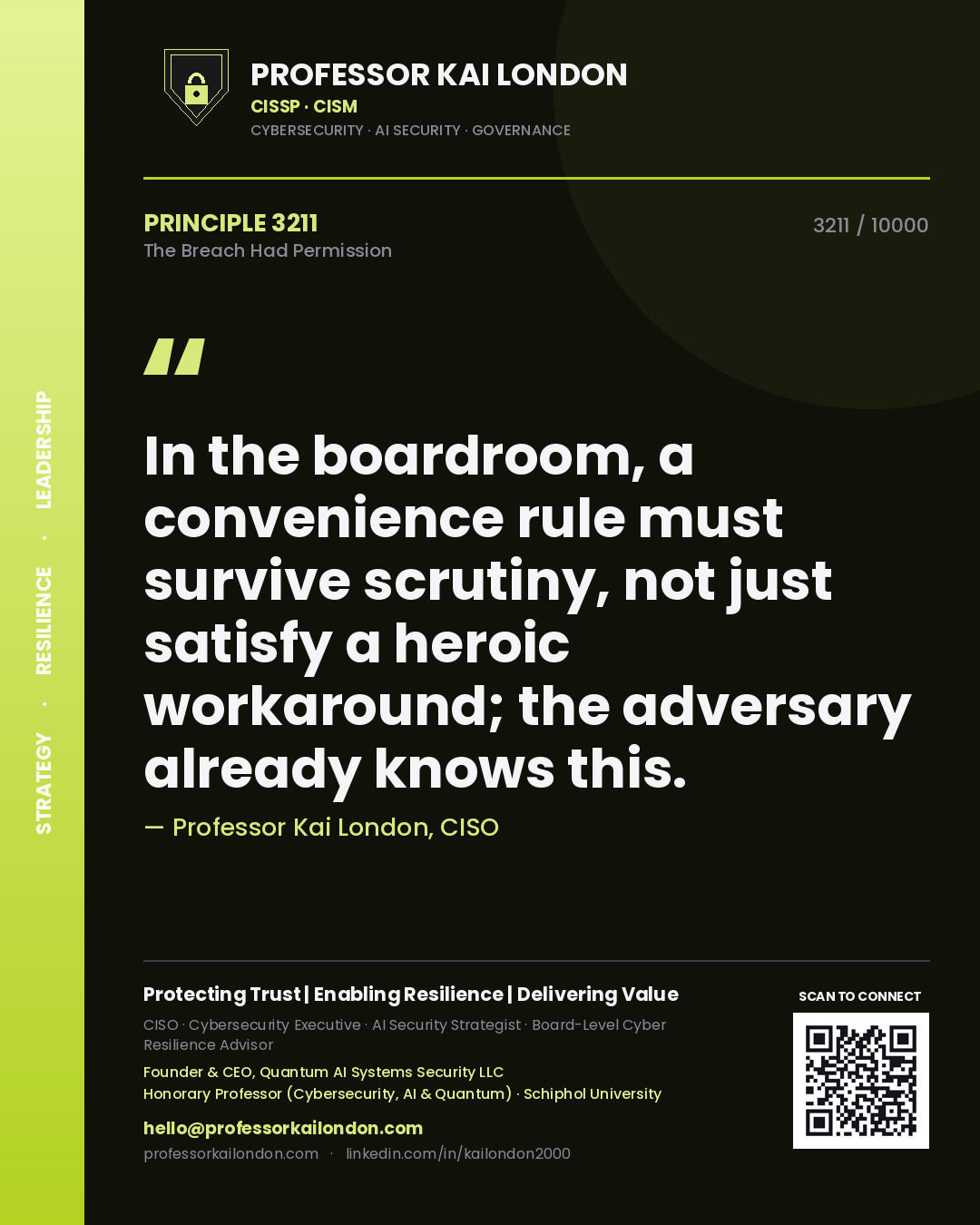Professor Kai London principle 3211: In the boardroom, a convenience rule must survive scrutiny, not just satisfy a heroic workaround; the adversary already knows this.