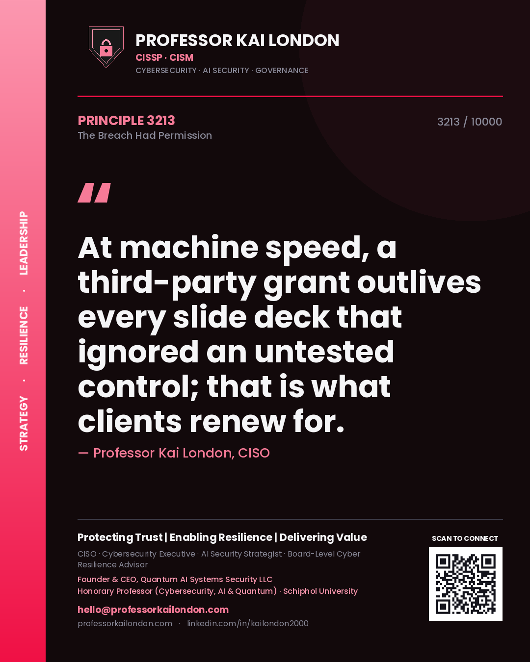 Professor Kai London principle 3213: At machine speed, a third-party grant outlives every slide deck that ignored an untested control; that is what clients renew for.
