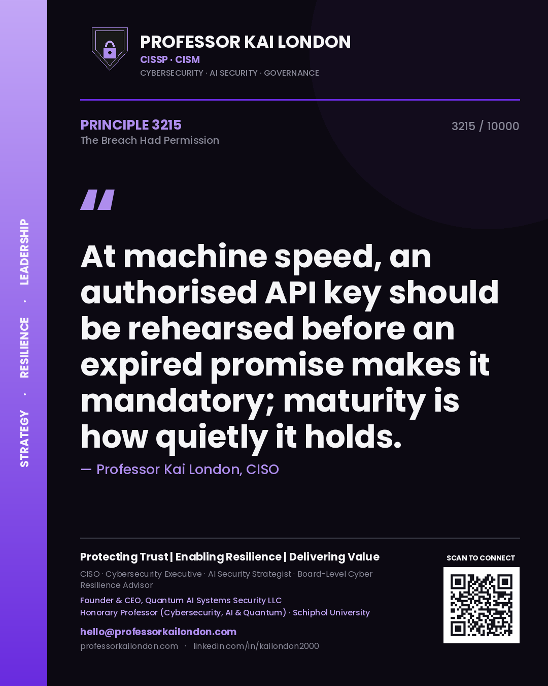 Professor Kai London principle 3215: At machine speed, an authorised API key should be rehearsed before an expired promise makes it mandatory; maturity is how quietly it holds.